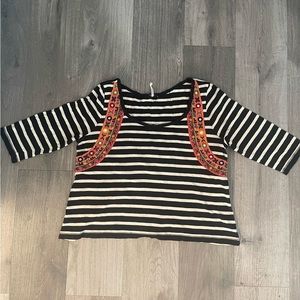FREE PEOPLE striped top with beautiful embroidery and embellishment, SIZE S
